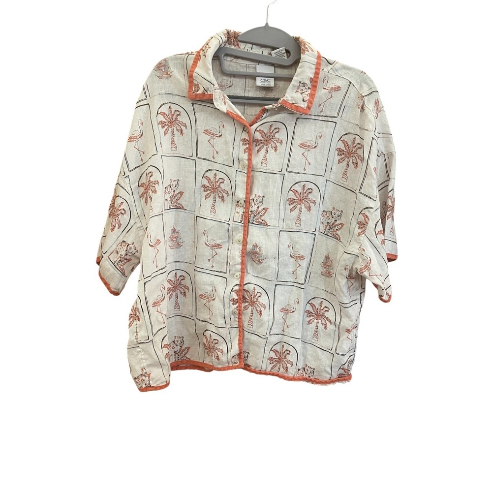 C&C California Women Lg 100% Linen Tropical Flamingo Leopard Print Shirt cream - Picture 2 of 8